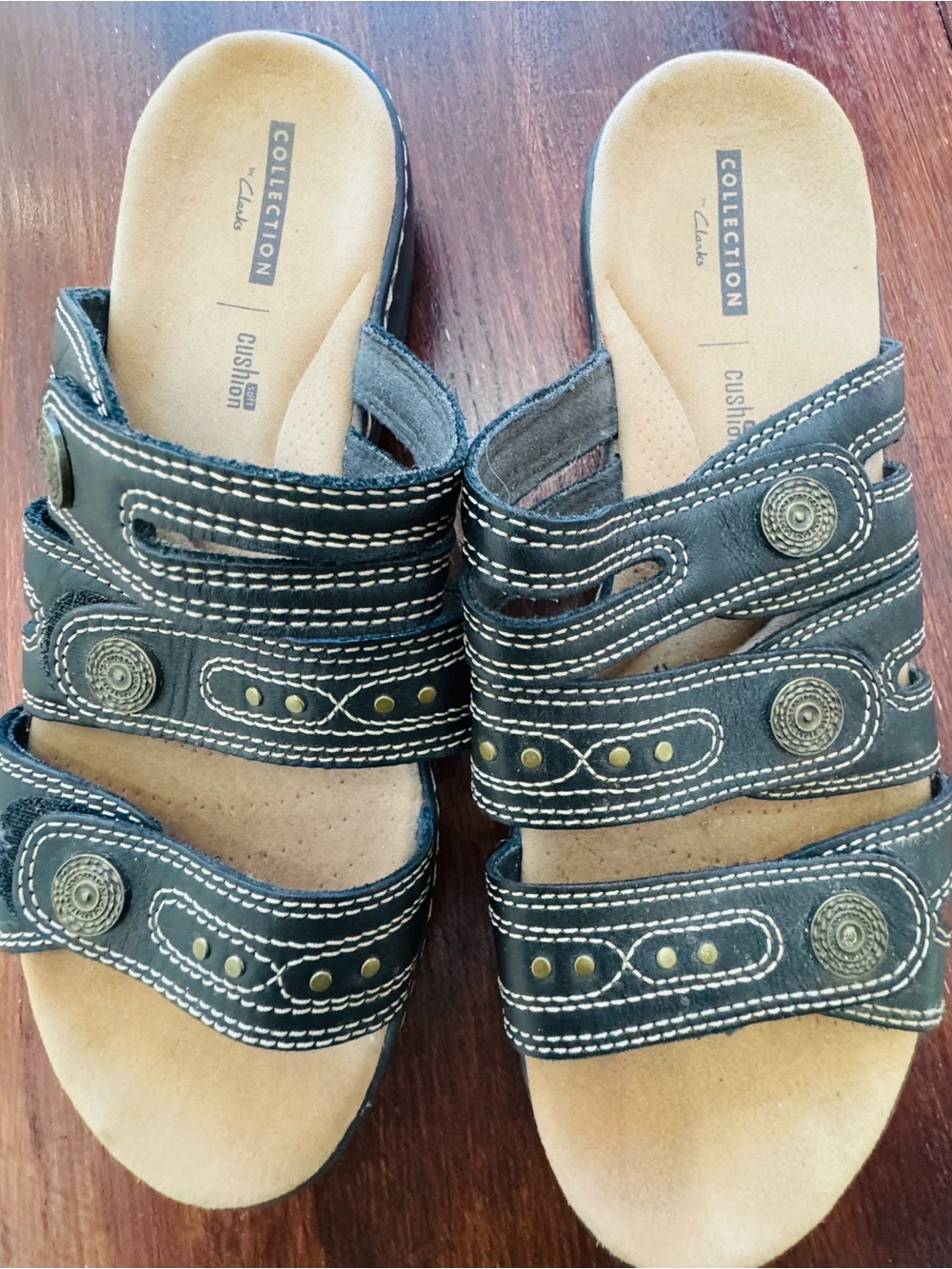 Clarks Collection Leisa Cacti Q Black Leather Slide Sandals Women's: Size 8.5